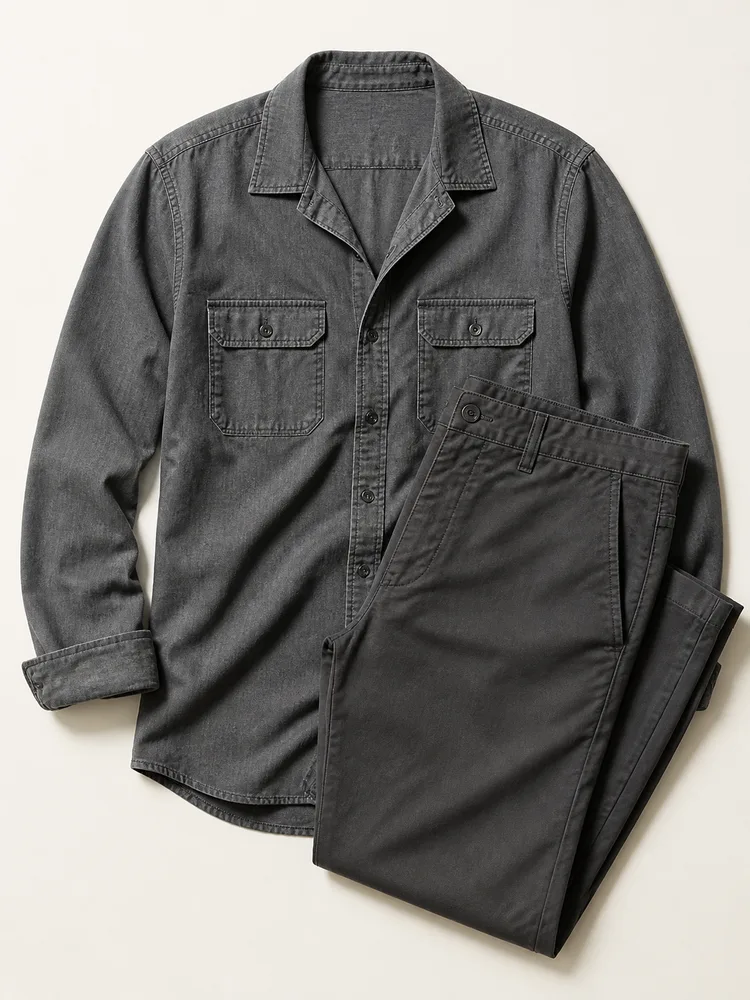 Open collar: Chambray shirt, Chinos