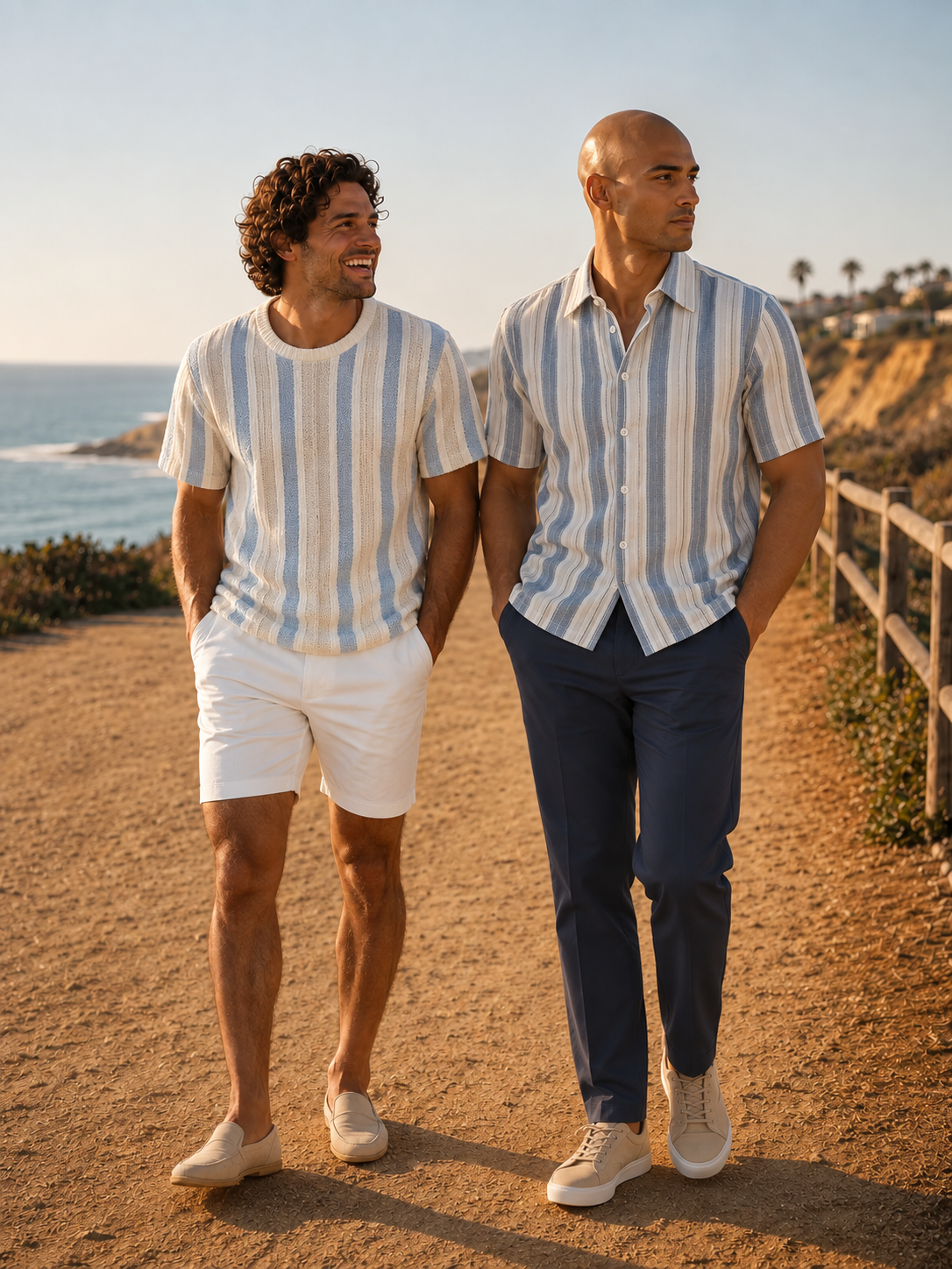 Two men on a coastal path in warm-weather pieces from the collection